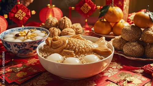 Traditional Chinese New Year celebration table with Tangyuan, fish-shaped pastry, mandarin oranges, sesame balls, red envelopes, and lantern decorations