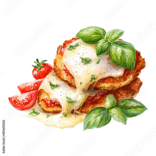 Chicken Parmigiana in watercolor painting style, vector illustration on white background.
