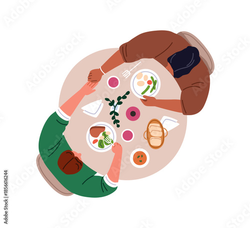 Couple at romantic dinner, sitting at dining table. Man and woman having meal overhead, top view. People holding hands, eating food, talking. Flat vector illustration isolated on white background