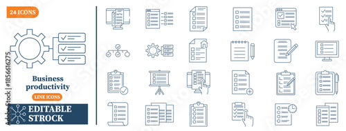 Business Productivity Line Icons Set for Workflow Optimization – Process, Management and Efficiency Editable Stroke Vector