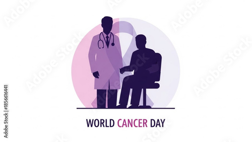 World cancer day awareness illustration with doctor and patient in purple hues and pink ribbon