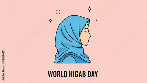 World hijab day celebration with woman wearing blue hijab on pink background with sparkles