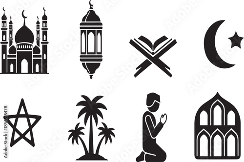 Islamic vector icons set including mosque, lantern, Quran, and crescent star on white background