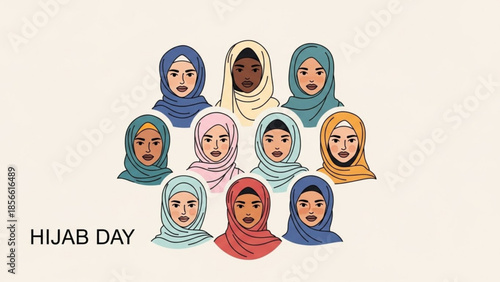 Hijab day celebration with diverse group of women wearing colorful headscarves and hijabs