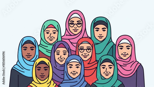 Diverse group of smiling women wearing colorful hijabs standing together in unity and friendship