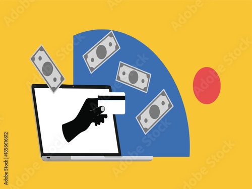 Laptop screen with hand holding credit card and flying money for online payment
