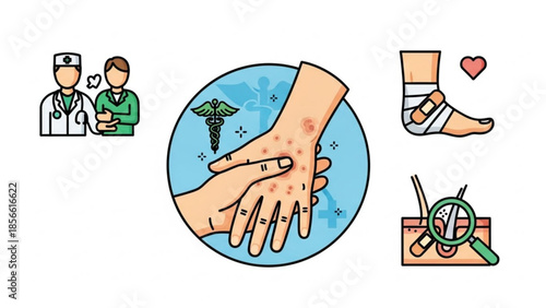 Medical professionals treating skin conditions and injuries with care and compassion globally