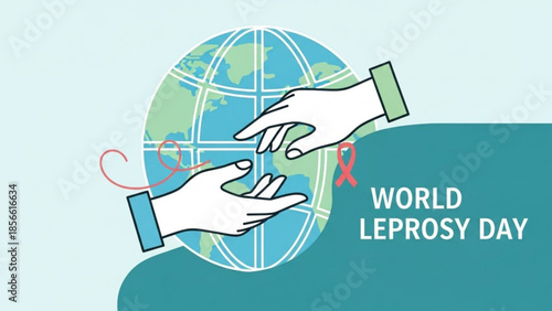 World leprosy day awareness campaign with hands reaching out and red ribbon on globe background