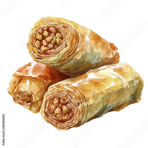 Baklava Rolls, watercolor painting, vector illustration, isolated on a white background.