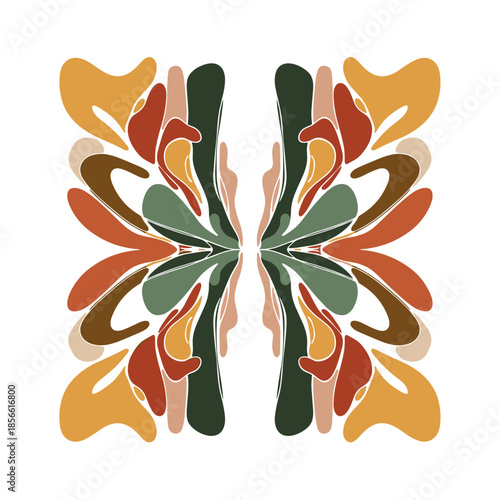 Abstract colorful mural with organic shapes and symmetrical design  