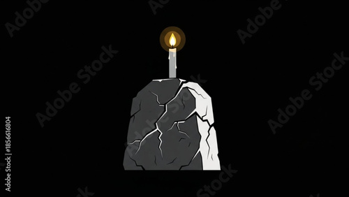 A single lit candle on a cracked rock formation with contrasting light and dark areas isolated on a black background