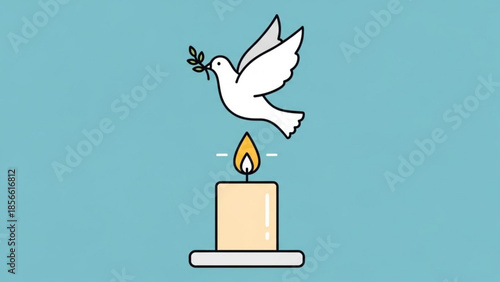 Peaceful dove flying with olive branch over lit candle on blue background symbolizing hope and serenity in simple vector illustration