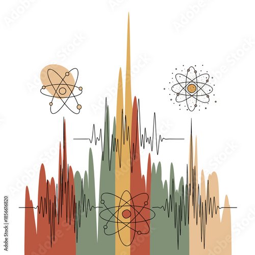 Abstract quantum physics mural with flowing colors and atom symbols  