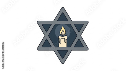 Star of david symbol with candle flame, jewish faith icon, religious emblem, cultural sign, gray and blue design, candlelight, spirituality, six