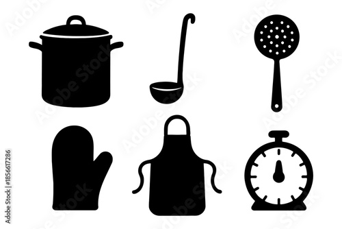 Silhouette icons of kitchen tools: pot, ladle, skimmer, mitt, apron, timer.