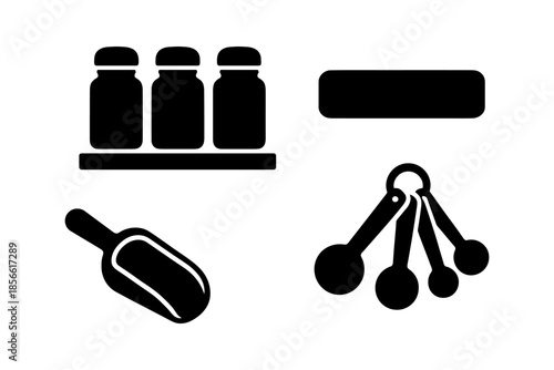 Silhouette icons of jars, scoop, measuring spoons, and rectangle label.