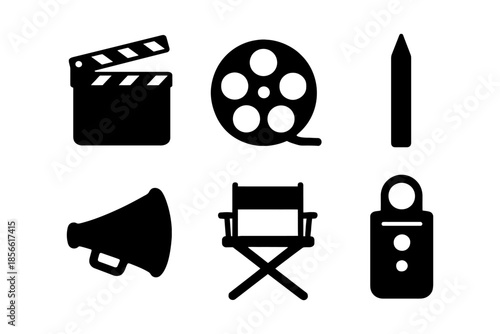 Film industry tools: clapperboard, film reel, pencil, megaphone, director chair, remote control icons.