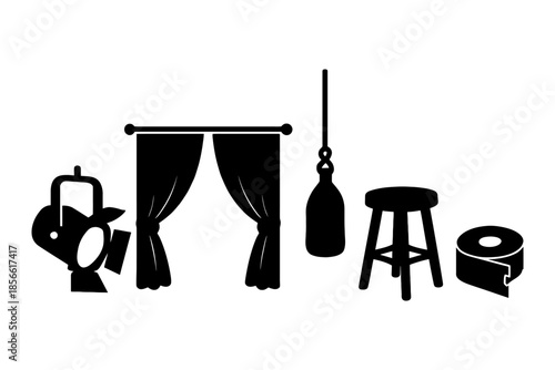 Silhouette theater elements: spotlight, curtains, pulley, stool, tape.