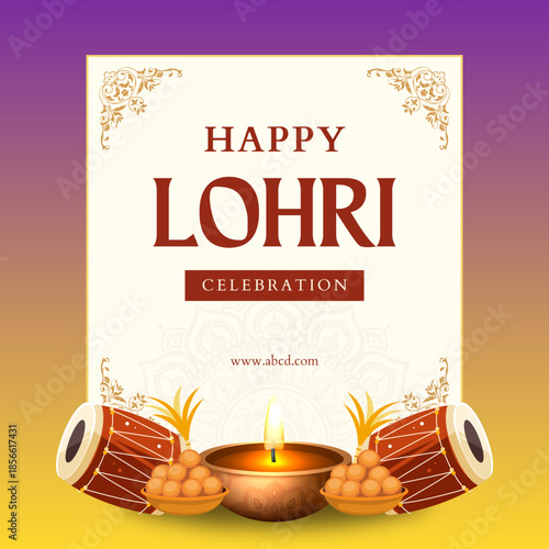 Illustration of a Lohri festival celebration featuring a traditional bonfire, decorated drums, and vibrant colors. Represents joy, warmth, and community during this cultural Indian harvest festival.