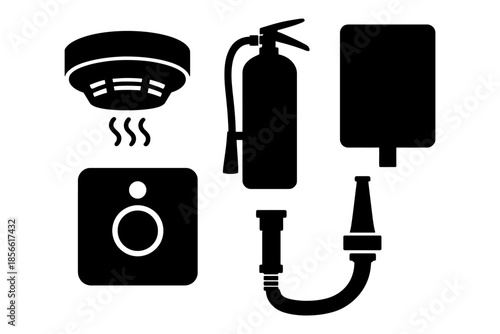 Fire safety equipment silhouettes: extinguisher, alarm, hose, detector icons.