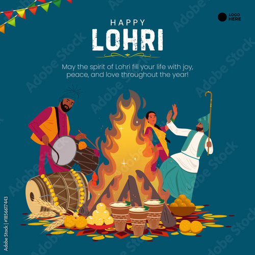 Illustration of a Lohri festival celebration featuring a traditional bonfire, decorated drums, and vibrant colors. Represents joy, warmth, and community during this cultural Indian harvest festival.