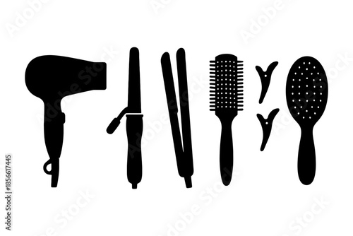 Silhouette of hair styling tools: hairdryer, straightener, curling iron, brushes, clips.