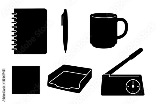Silhouette icons of office supplies: notebook, pen, coffee mug, sticky notes, dispenser, tape cutter.