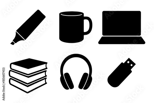 Black silhouette icons: marker, mug, laptop, books, headphones, usb.