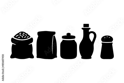 Silhouette of kitchen pantry items: rice, bag, jar, oil bottle, shaker.