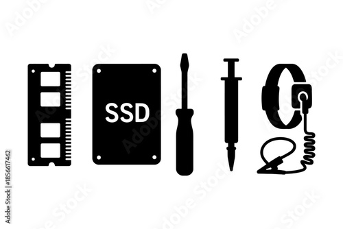 Computer hardware tools: ssd, ram, screwdriver, thermal paste, wrist strap icons.