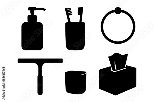 Bathroom essentials: soap dispenser, toothbrush holder, mirror, squeegee, tissue box icons.