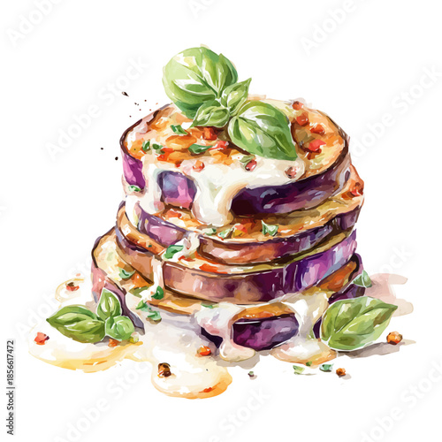 Watercolor-style vector illustration of Eggplant Parmesan, isolated on a clean white background.
