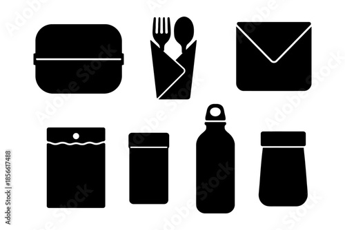 Set of black kitchen icons including utensils and containers.