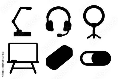 Set of black office and studio equipment icons.