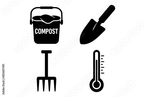 Gardening tools and compost icon set: bucket, shovel, pitchfork, thermometer.