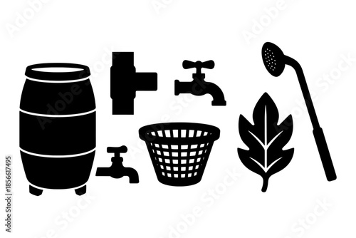 Silhouette icons of rain barrel, faucets, basket, leaf, and showerhead.