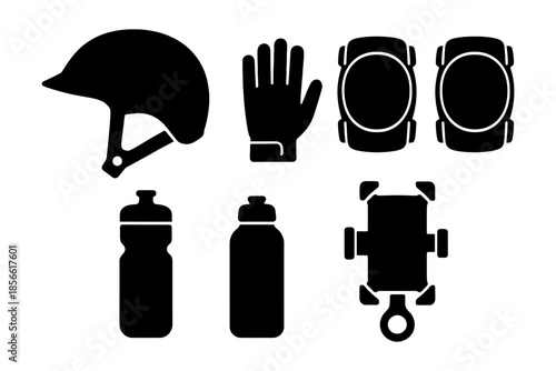 Silhouette gear: helmet, gloves, knee pads, water bottles, skateboard.