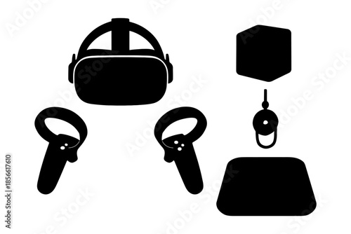 Black silhouette of virtual reality headset and controllers with accessories.