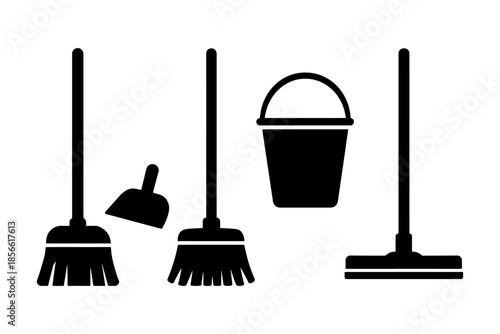 Cleaning tools set with broom, mop, and bucket isolated on white background.
