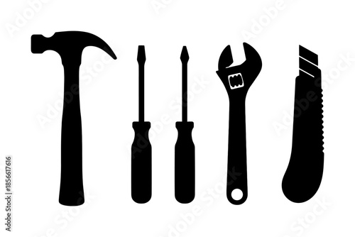 Silhouette of hammer, screwdrivers, wrench, and utility knife tools on white background.