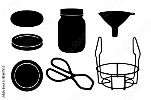 Silhouette of canning jar, lid, funnel, and accessories for home preservation.