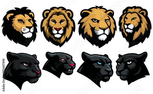  Lion and panther head icon set with bold expressions