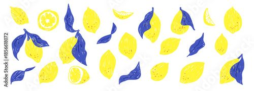 Crayon pencil lemon with Italian Mediterranean charm. Pastel naive doodle fruit featuring slices, branches in blue yellow tones. Vector lemons scribble hand drawn isolated no bg.