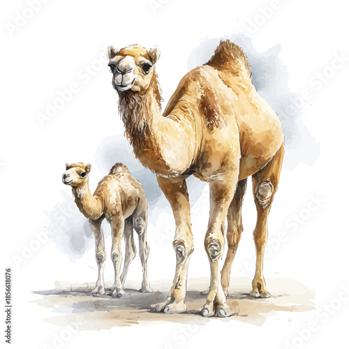 Dromedary With Its Baby, watercolor illustration, vector style, isolated on a white background.