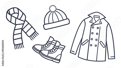 Winter clothing set with coat, boots, hat, and scarf