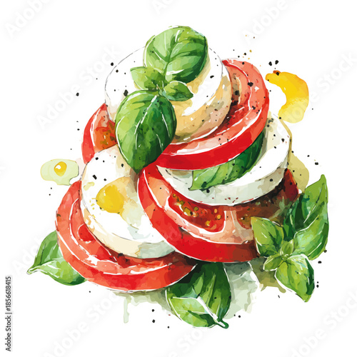 Caprese Salad in watercolor style, vector illustration, isolated on white background.