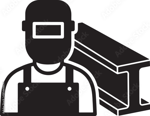 Black silhouette of a welder wearing protective gear and a helmet, standing next to a large steel I-beam, representing construction or industry also transparent background