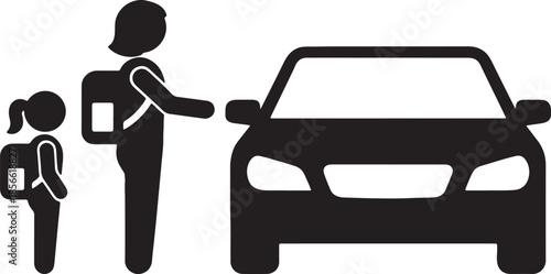 Parent and child with backpacks standing next to a car ready for a journey or school drop off daughter also transparent background