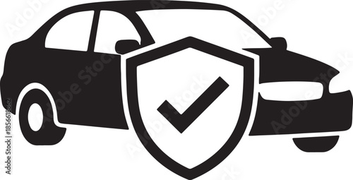 Silhouette of a car protected by a shield with a checkmark, symbolizing car insurance or vehicle safety also transparent background