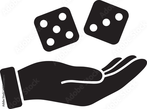 Silhouette of a hand tossing two dice in the air against a white background symbolizing chance and luck in games of fortune and gambling also transparent background